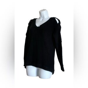 Milly V-Neck Black Cotton Sweater w/ Woven Lattice Sleeve Detail